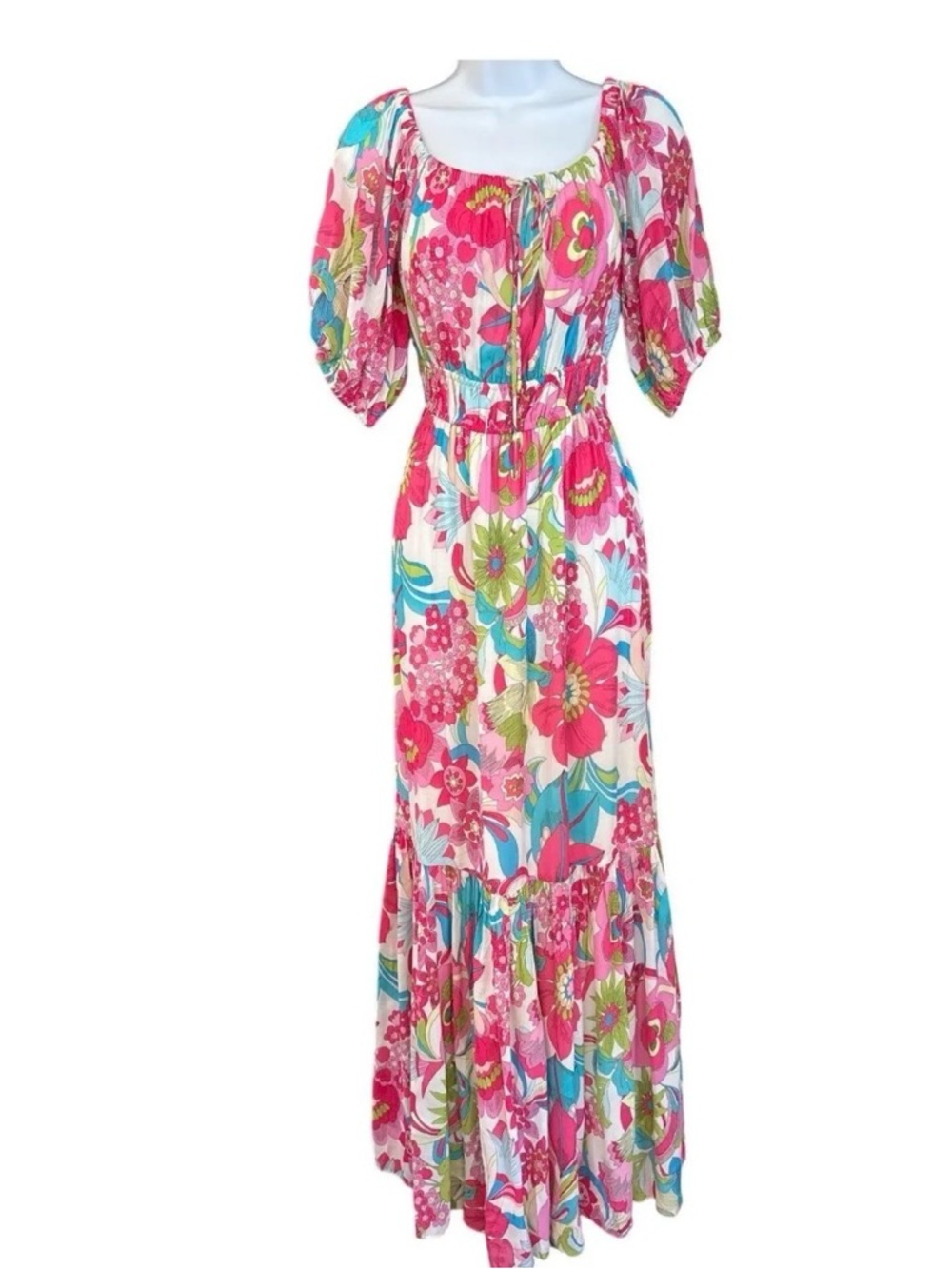 Trina Turk Pink Multi Floral Puff-Sleeve Maxi Dress